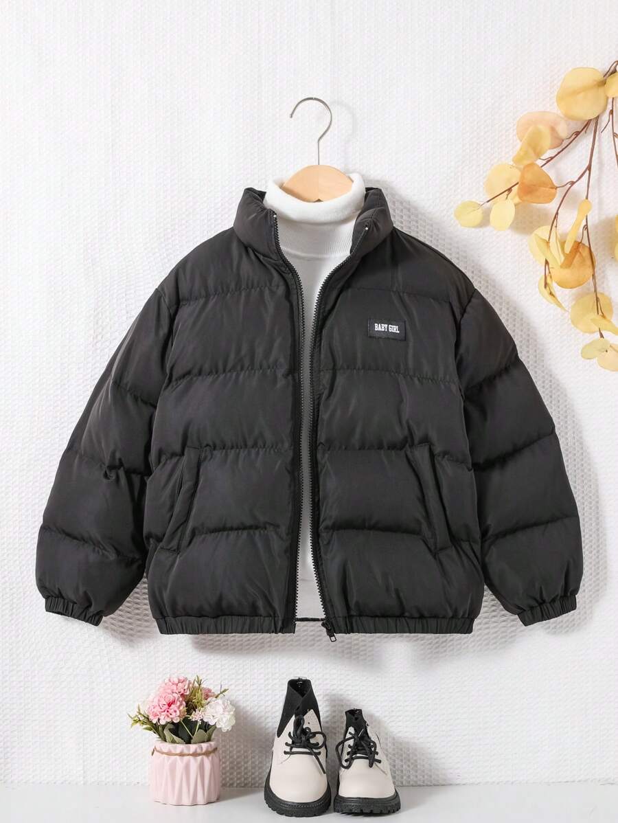 SHEIN Tween Girl 1 件字母贴花细节拉链填充外套 - 黑色 - 查看 1