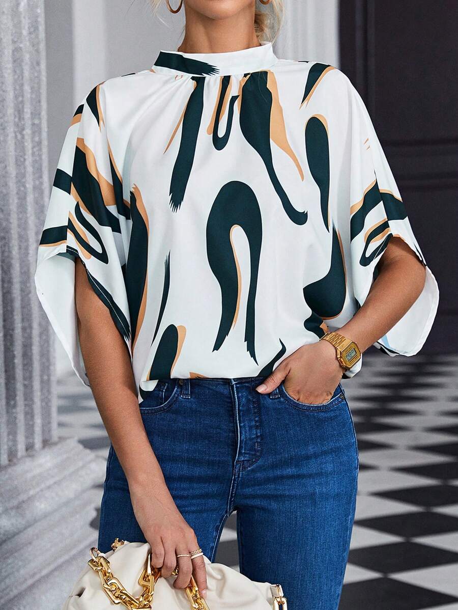 SHEIN Clasi 圖案印花蝙蝠袖小高領襯衫 - 彩色 - 查看 1