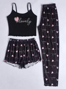 3 件套心形和字母图案生菜边饰睡衣套装/睡衣套装