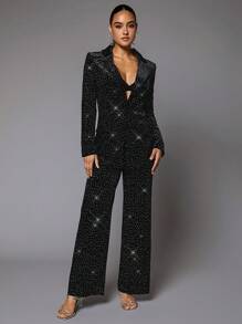 SHEIN BAE 水鑽細節絲絨西裝外套 - 黑色 - 查看 3