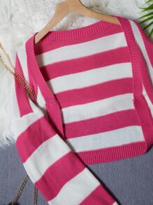 Teen Girl Striped Pattern Lantern Sleeve Duster Cardigan - Watermelon Pink - View 3