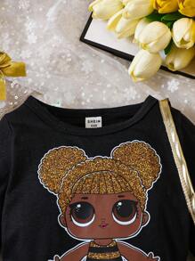 女嬰卡通人物圖案T恤和裙子&包 - 黑色 - 查看 5