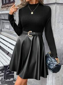 SHEIN Frenchy Chất rắn Cổ giả Váy chữ A Không có thắt lưng - màu đen - Xem 4