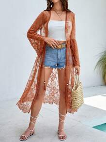 SHEIN VCAY Open Front Sheer Lace Kimono - Orange - View 1