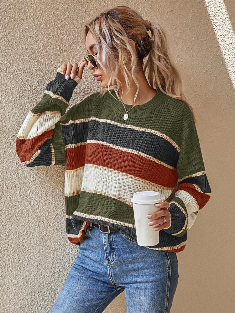 Maglione oversize a blocchi di colore con spalle a caduta, maglioncino lavorato a maglia a maniche lunghe per l'autunno e l'inverno