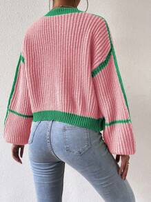 SHEIN Unity 撞色拼接邊燈籠袖開襟開衫 - 彩色 - 查看 2