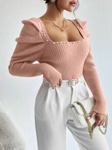 SHEIN Privé 珍珠珠飾方領泡泡袖羅紋針織毛衣 - 珊瑚粉 - 查看 1