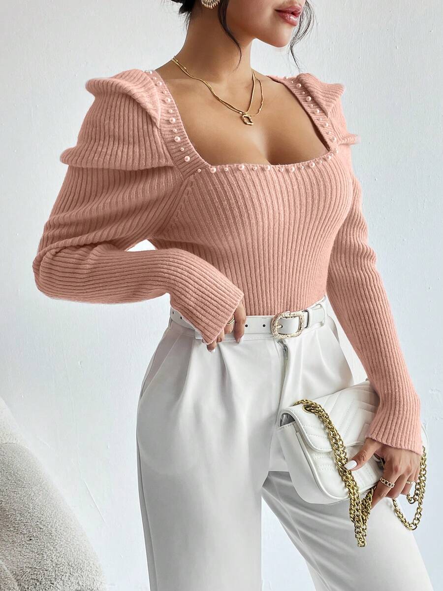 SHEIN Privé 珍珠珠飾方領泡泡袖羅紋針織毛衣 - 珊瑚粉 - 查看 1