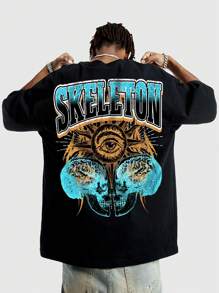 ROMWE MEN Street Life Guys Letter & Skull Graphic Drop Shoulder Tee - Black - View 1