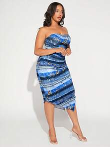 SHEIN SXY Hơn Denim Hiệu ứng In Bên dây rút Xù Tách đùi Đầm bó sát ống - Nhiều màu - Xem 4