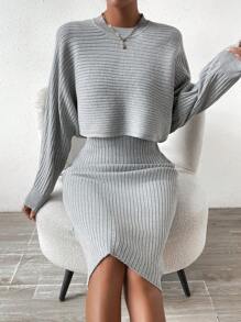 Chiquease Batwing Sleeve Sweater & Ribbed Knit Dress - Light Grey - View 1