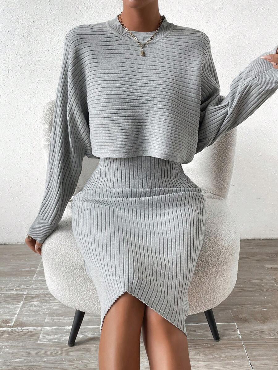 Chiquease Batwing Sleeve Sweater & Ribbed Knit Dress - Light Grey - View 1