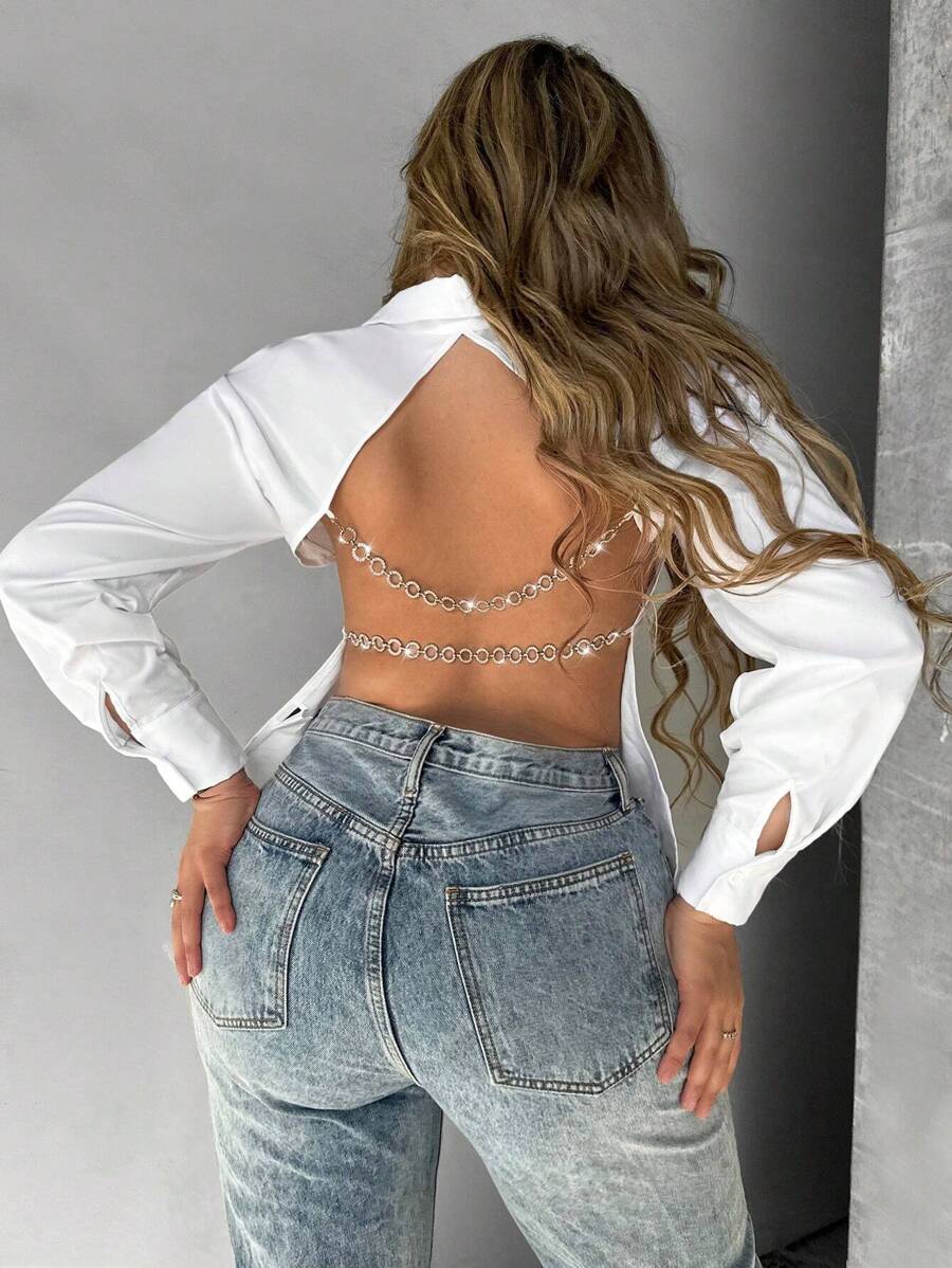 VaVaBold 链条细节露背短款衬衫、长袖上衣 - 白色 - 查看 1