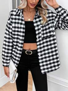 Chiquease Gingham Print Drop Shoulder Button Front Coat - Black and White - View 6