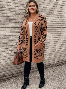 SHEIN LUNE Plus Leopard Pattern Drop Shoulder Duster Cardigan In Fall/Winter