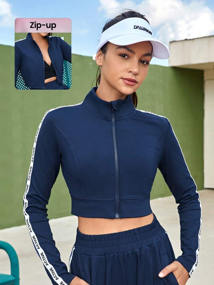 Letter Graphic Side Stripe Zip Up Crop Sports Jacket,Women Tennis Outfit