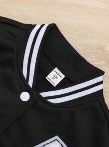 SHEIN 女大童字母貼布條紋飾邊落肩袖夾克和運動褲 - 黑色 - 查看 5