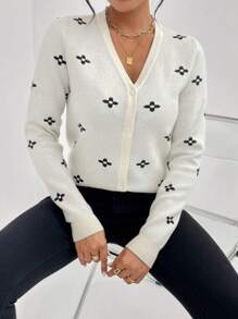 SHEIN Privé Cardigan Fleuri À Bouton - Beige - Voir 4