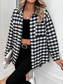 Chiquease Gingham Print Drop Shoulder Button Front Coat - Black and White - View 4