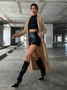 SHEIN Essnce 绞花针织落肩开衫 - 卡其色 - 查看 2