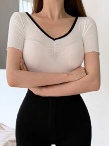 DAZY 拼接邊褶邊木耳邊短款T恤 - 白色 - 查看 5