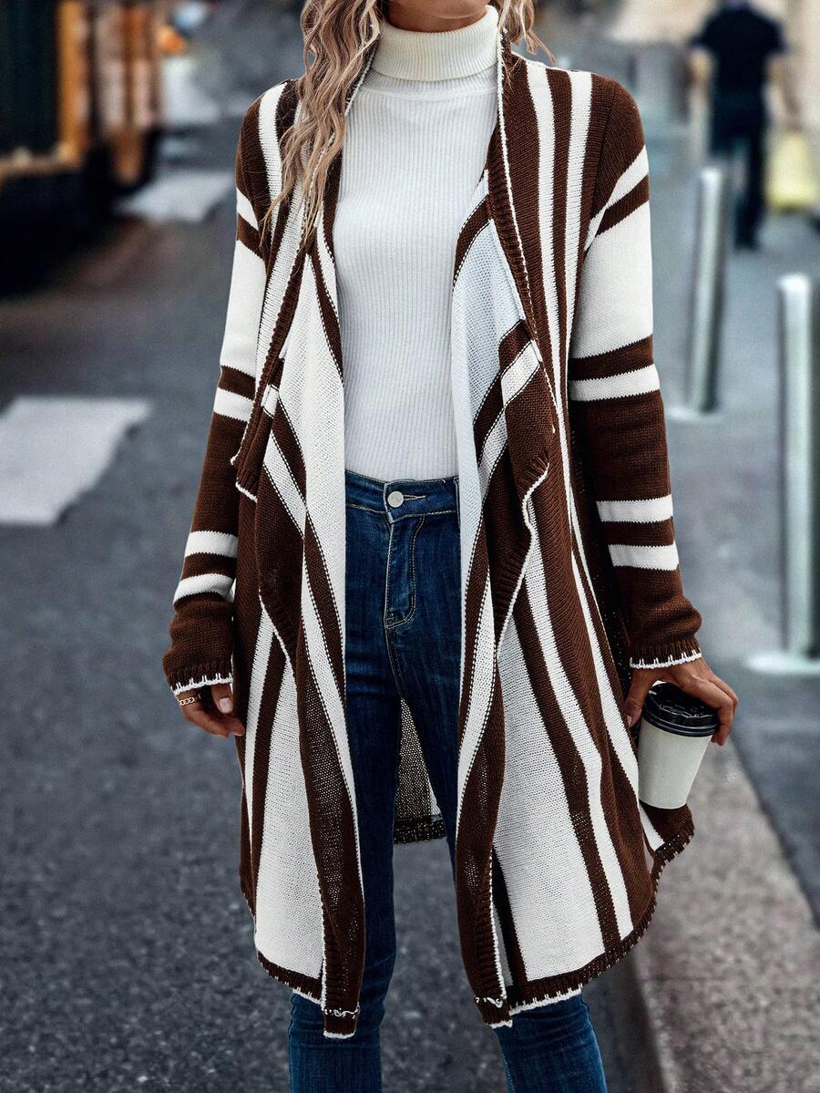 SHEIN LUNE Striped Pattern Waterfall Collar Drop Shoulder Cardigan - Multicolor - View 1