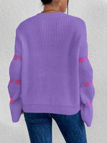 SHEIN Unity Suéter de punto con mangas acampanadas y estampado de corazones para otoño e invierno - Morado - Ver 2