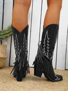 女士西部刺繡時尚靴子，女士時尚刺繡流蘇西部靴指尖尖錐形粗高跟時尚中筒靴秋冬新款黑色，女性牛仔靴 - 黑色 - 查看 2