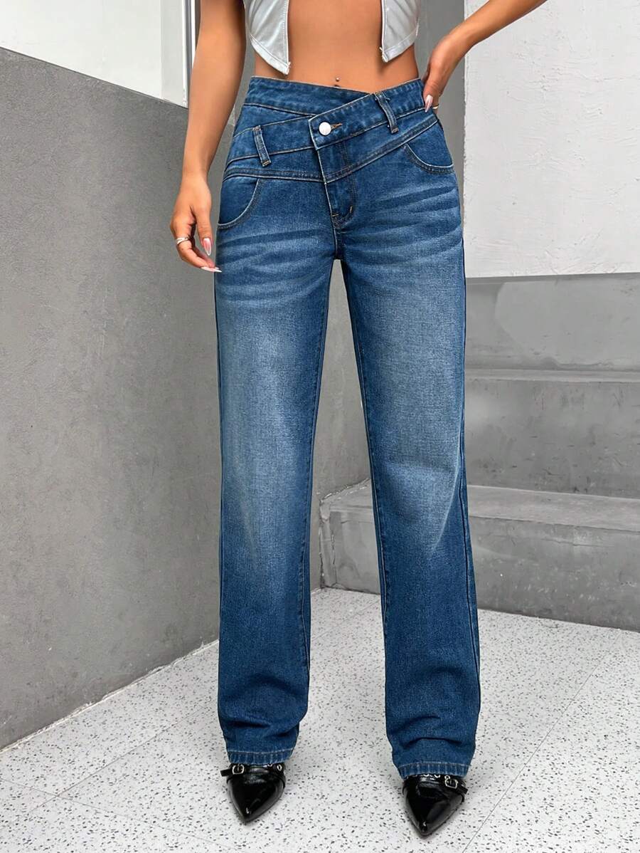 SHEIN Essnce Jeans de pierna recta de cintura asimétrica - Azul lavado oscuro - Ver 1