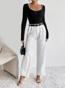 Firerie Pearls Beaded Sweetheart Neck Ribbed Knit Bodysuit - Black - View 7