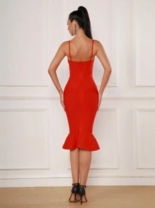 性感吊带无袖镶钻绷带鱼尾连衣裙，适合婚礼宾客、节日派对、女士正式晚宴、生日派对等场合穿着。 - 紅色 - 查看 2