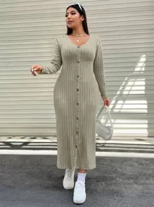SHEIN EZwear Plus Button Through Ribbed Knit Dress - Khaki - View 1