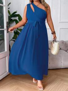 Celure Plus One Shoulder Cut Out Split Thigh Belted Dress - Teal Blue - View 3