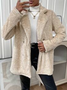 SHEIN LUNE 西裝領雙排釦絨毛外套 - 卡其色 - 查看 1