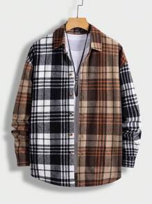 Mainfolk Men Plaid Print Colourblock Button Front Overcoat - Multicolor - View 1