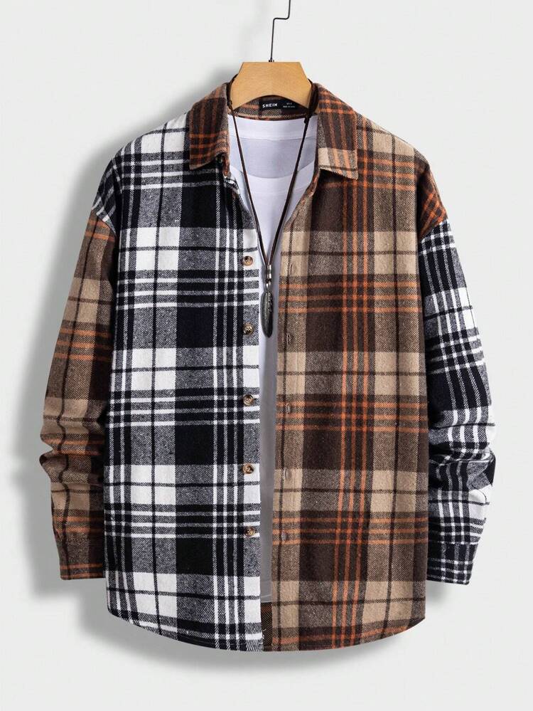 Oversized Men's Plaid Print Colorblock Button Front Overcoat, For Fall Winter
