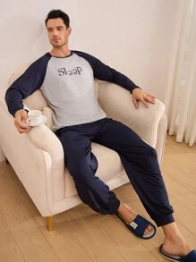 Men Letter Graphic Raglan Sleeve PJ Set / Pajama Set - Royal Blue - View 5