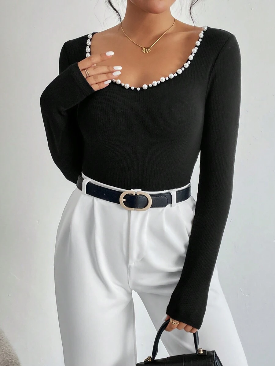 Firerie Pearls Beaded Sweetheart Neck Ribbed Knit Bodysuit - Black - View 1