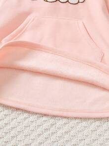 女嬰刺繡卡通圖案袋鼠口袋連帽衛衣裙 - 粉色 - 查看 7