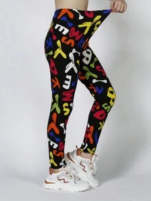 Allover Letter Graphic Leggings - Black - View 6
