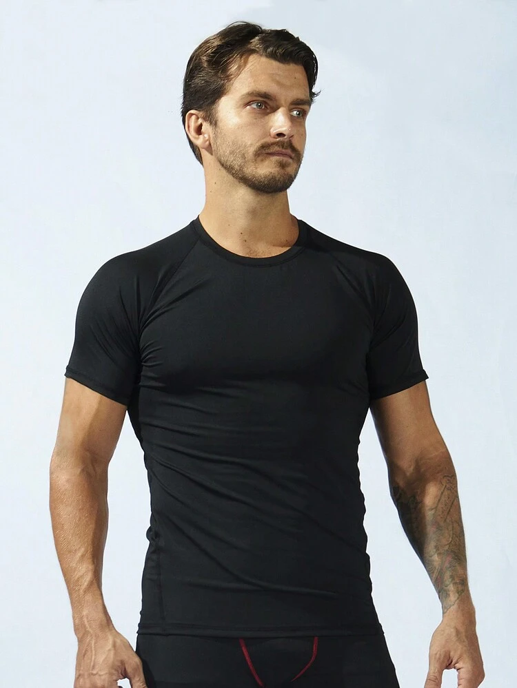 Men Solid Raglan Sleeve Sports Tee Workout Tops Basic T Shirt 2-Piece Set