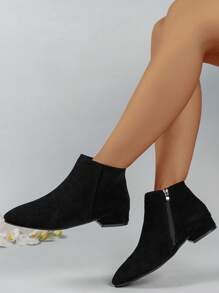 新款秋季時尚女式低跟側拉鍊靴 - 黑色 - 查看 1