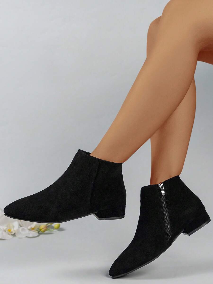 新款秋季時尚女式低跟側拉鍊靴 - 黑色 - 查看 1