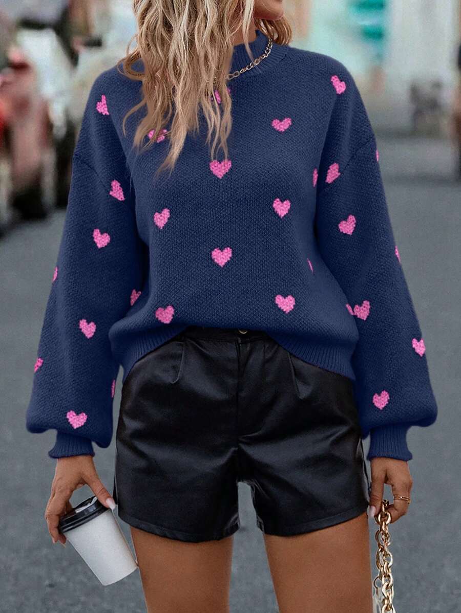 SHEIN LUNE Heart Pattern Mock Neck Drop Shoulder Knit Pullover Fall Winter Sweater - Royal Blue - View 1