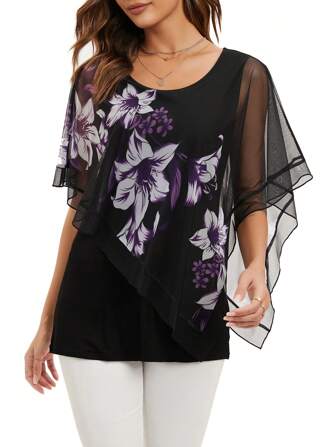 Floral Print Contrast Mesh Top