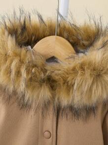 SHEIN Young Girl Fuzzy Trim Hooded Dual Pocket Overcoat - Apricot - View 4