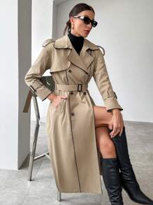 SHEIN Essnce Contrast Piping Double Breasted Belted Trench Coat - Khaki - View 1