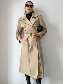 SHEIN Essnce Contrast Piping Double Breasted Belted Trench Coat - Khaki - View 7