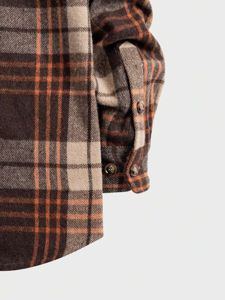 Oversized Men's Plaid Print Colorblock Button Front Overcoat, For Fall Winter