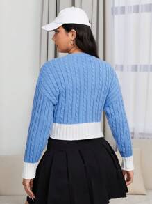 SHEIN EZwear 大碼拼接邊麻花編織落肩袖短款開衫 - 藍色 - 查看 3